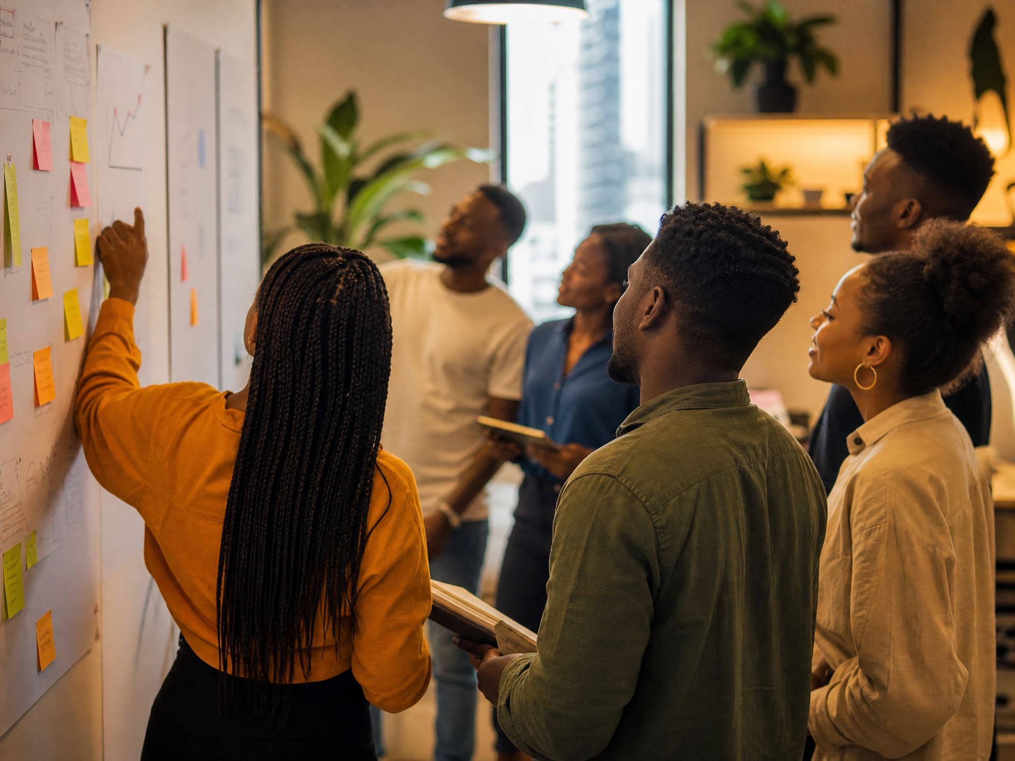Startup founding team reviewing brand mentions and growth metrics